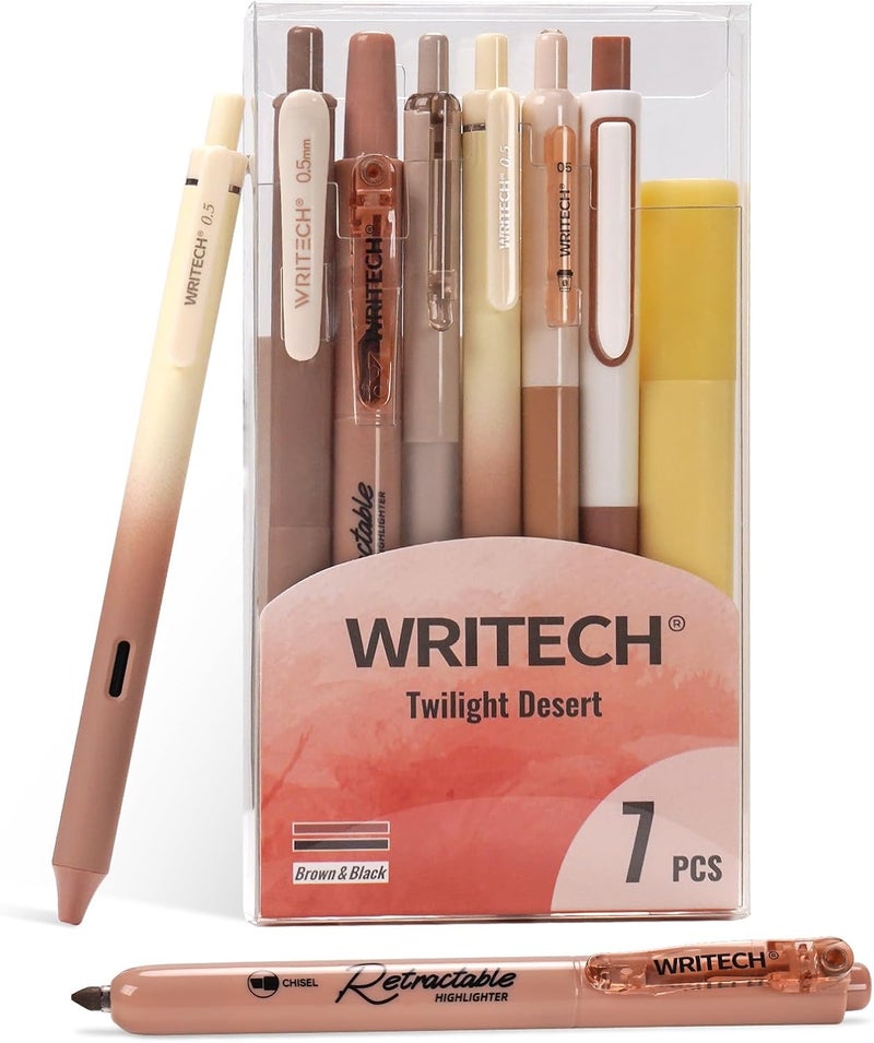 WRITECH أقلام جل للتدوين وأقلام تمييز: مجموعة دفتر أنيقة بألوان الأرض المتنوعة حبر 0.5 مم نقطة رفيعة قابلة للسحب قلم أسود 0.7 مم كتابة سلسة رسم بدون تسرب 7 قطع (بني) - Image 1